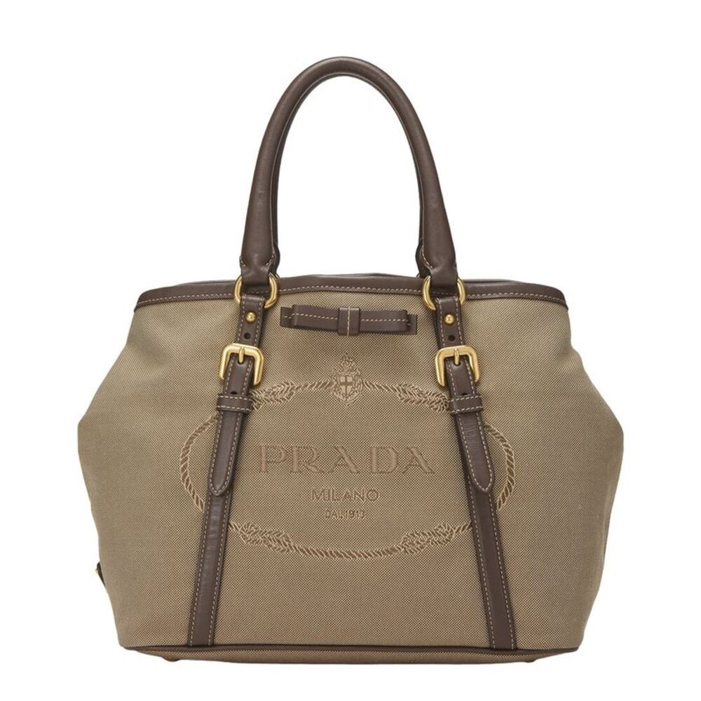 Prada Brown Jacquard Fabric Convertible Logo Handbag (Authentic Pre-Loved)